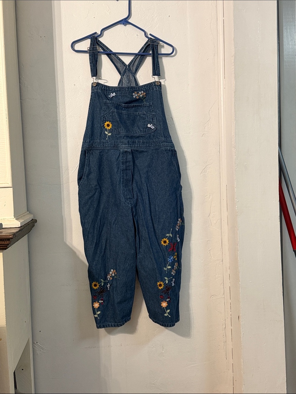 Y2K Agapo floral garden Embroidered Dark Blue Denim Cropped Overalls